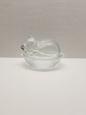 Indiana Glass Vintage Sleeping Cat On A Nest Covered Candy Dish Clear Glass MCM